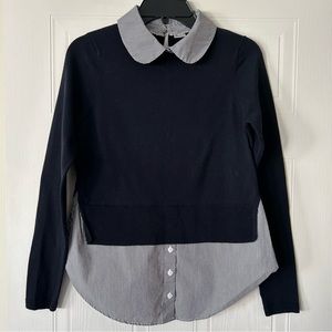 Blue and white stripped peter pan collar illusion navy blue sweater TWIK Simons